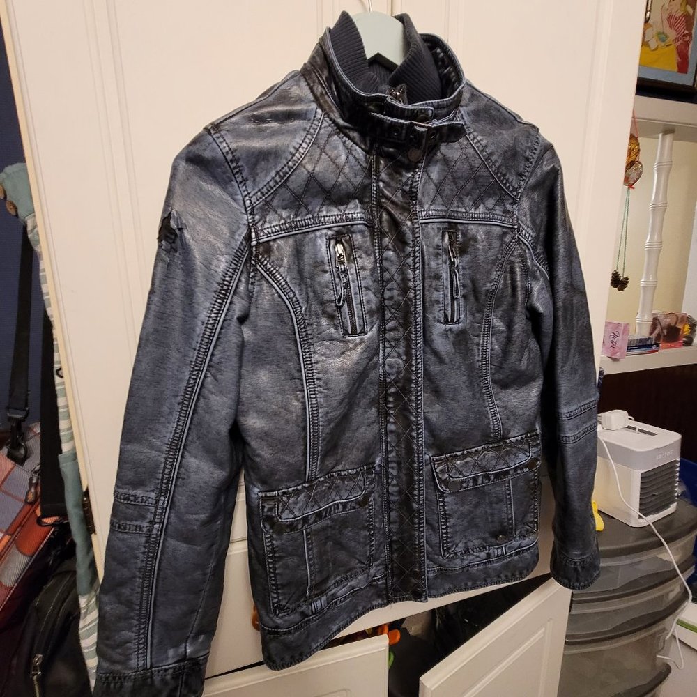 Point Zero Nicole Benisti Blue Denim-Look PU Leather Jacket